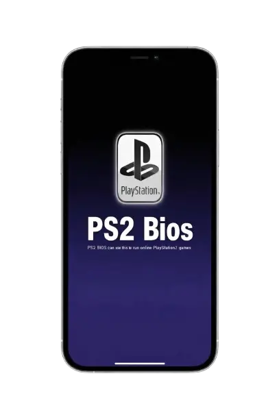 PS2 BIOS File Download - For All Regions 1 PS2 BIOS text on a smartphone screen with PlayStation logo and information about running PlayStation 2 games on emulators.